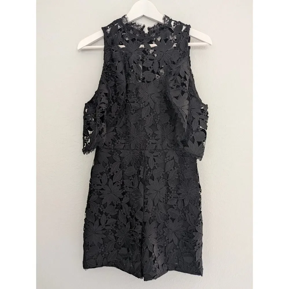 Women's Alice & Olivia Black Lace Romper Junie Cold Shoulder Back Zip Size 4 - Picture 2 of 10